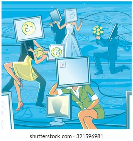 People with computer heads communicating online. Web space. Virtual reality. Avatar on monitor. Face as web icons. Vector illustration.