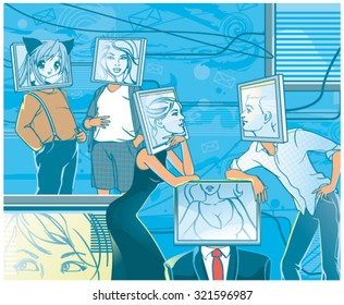 People with computer heads communicating online. Web space. Virtual reality. Avatar on monitor. Face as web icons. Vector illustration.