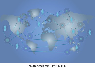 People and computer icons on the map, social network concept