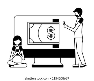 people with computer monitor and bill dollar