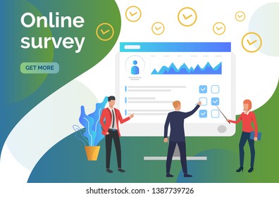 People at computer monitor with survey. Online test, coaching, e-learning. Online survey concept. Vector illustration can be used for presentation slides, web pages, layouts