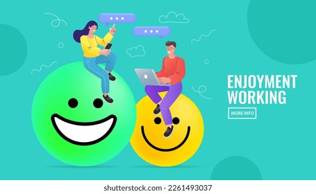 People with computer on smiling faces. Work happiness or job satisfaction. employee wellbeing concept. online education, work at home. vector people character illustration. Cartoon minimal style.