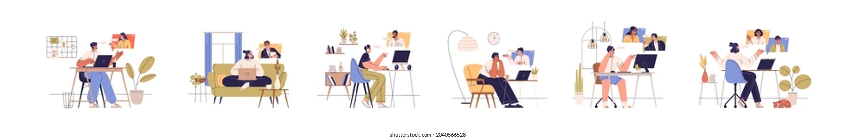 People With Computers During Online Business Communication At Remote Work. Set Of Man And Woman With Laptops At Virtual Video Conference Calls. Flat Vector Illustration Isolated On White Background