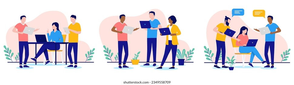 People with computers working collection - Set of vector illustration with diverse businesspeople in office talking and doing work. Flat design with white background