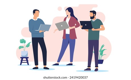 People with computers working - Team of three developers with laptops standing having meeting and discussing business project in office. Flat design vector illustration with white background