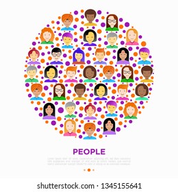 People concept in circle with flat icons: smiling cartoon male and female heads. Avatars of people with different races: caucasian, asian, african, hindu. Modern vector illustration.