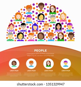 People concept in half circle with flat icons: smiling cartoon male and female heads. Avatars of people with different races: caucasian, asian, african, hindu. Modern vector illustration.