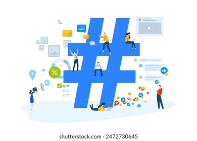 People concept of online communication, social network, internet marketing, hashtag, advertising. Vector illustration for website banner, marketing material, business presentation, online advertising.