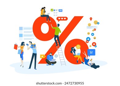 People concept of sale, shopping, e-commerce, social media, online shopping app. Vector illustration for website banner, marketing material, business presentation, online advertising.