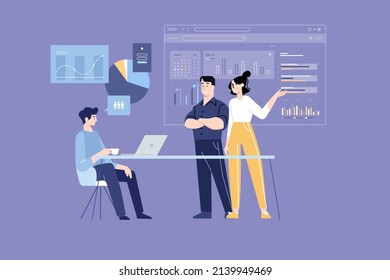 Concepto de la gente. Ilustración vectorial de grupo de enfoque, investigación de mercado, gestión de relaciones con el cliente para diseño gráfico y web, presentación de negocios y material de marketing.