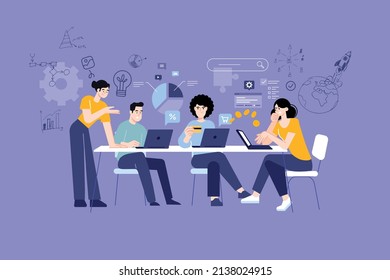 People concept. Vector illustration of startup, project development, process from idea to realization, e-commerce, shopping, seo for graphic and web design, business presentation and marketing.