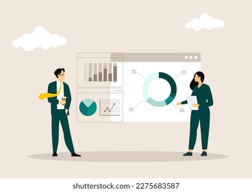 Concepto de la gente. Ilustración vectorial de la gestión de equipos, análisis de datos, planificación, informe de negocios para diseño gráfico y web, presentación de negocios y material de marketing.