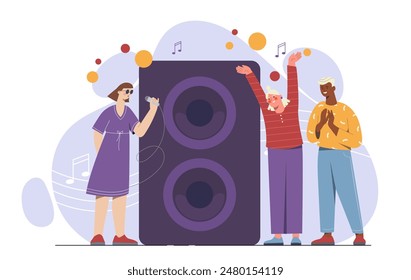 People at concert. Woman with microphone near large speakers sing. Entertainment and leisure, cultural rest. Talented musician and singer performing at scene. Cartoon flat vector illustration