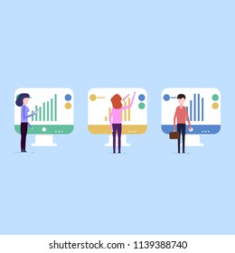 People conduct data analysis on a blue background