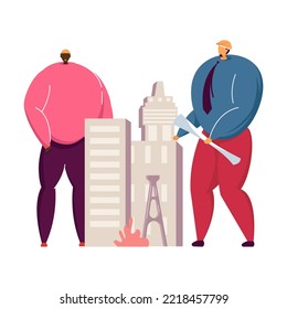 People conducting construction job. Railway, infrastructure, bridges flat vector illustration. Civil engineering, construction industry concept for banner, website design or landing web page