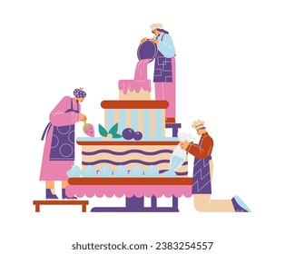 People confectioner cooking huge cake, decorates with strawberry. Cartoon bakers in uniform preparing dessert with sweet cream. Bakery and pastry, culinary concept vector illustration isolated