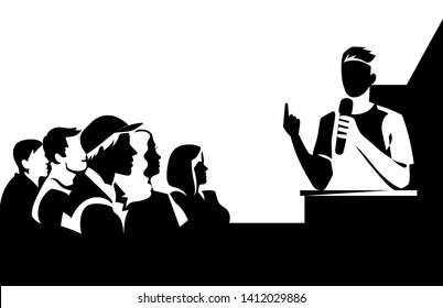 People in the conference hall silhouettes vector drawing. A speaker in front of an audience black figures clipart. Public isolated illustration template