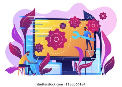 Las personas configuran la aplicación en la pantalla LCD grande con engranajes. El concepto de desarrollo final. Proceso de desarrollo de software. Paleta violeta. Fondo blanco de ilustración de concepto de retroceso del vector