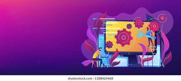 People configure the application on the big LCD screen with gears. Back end development it concept. Software development process. Violet palette. Back-end concept. Header or footer banner template.