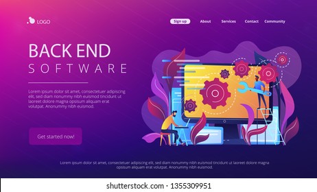 People configure the application on the big LCD screen with gears. Back end development it concept. Software development process. Violet palette. Back-end concept. Website landing web page template.