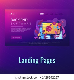 People configure the application on the big LCD screen with gears. Back end development it concept. Software development process. Violet palette. Back-end concept. Website landing web page template.