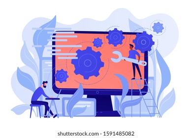 People configure the application on the big LCD screen with gears. Back end development it concept. Software development process. Pinkish coral blue palette. Vector back-end concept illustration white