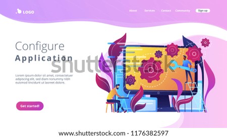 People configure the application on the big LCD screen with gears. Back end development it concept. Software development process. Violet palette. Back-end concept. Website landing web page template.