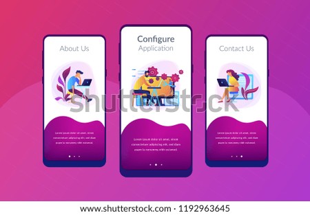 People configure the application on the big LCD screen with gears. Back end development it concept. Software development process. Violet palette. Back-end concept. Mobile UI UX app interface template.