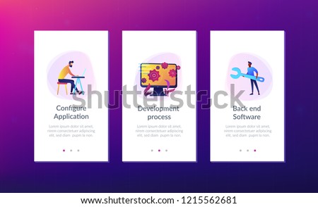 People configure the application on the big LCD screen with gears. Back end development it concept. Software development process. Violet palette. Back-end concept. Mobile UI UX app interface template.