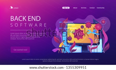 People configure the application on the big LCD screen with gears. Back end development it concept. Software development process. Violet palette. Back-end concept. Website landing web page template.
