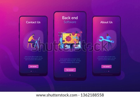 People configure the application on the big LCD screen with gears. Back end development it concept. Software development process. Violet palette. Back-end concept. Mobile UI UX app interface template.