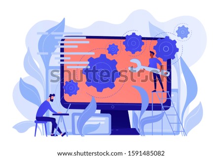 People configure the application on the big LCD screen with gears. Back end development it concept. Software development process. Pinkish coral blue palette. Vector back-end concept illustration white