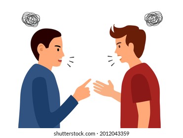 People Conflict And Arguing In Flat Design On White Background. Two Angry Men Talking With Different Opinion Character.