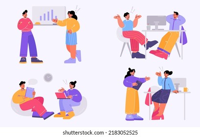 People conflict on workplace in business office. Vector flat illustration of angry employees talk, quarrel and argue with colleagues. Concept of communication problems in team