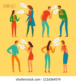 People in conflict set. Angry men and women shouting. Cartoon illustration for your design.