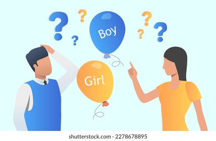 People confused with gender roles vector illustration. Man and woman pointing at air balloons with boy and girl lettering and question marks. Gender equality, gender reveal party concept