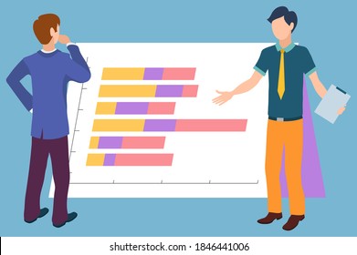 People confused with results on board vector, man with assistant helper and boss in thought. Businessman looking at infochart colored in different shades