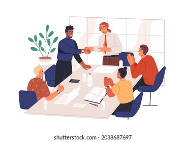 People congratulate colleague at meeting in office. Happy manager handshaking business partner with respect, team applauding. Partnership concept. Flat vector illustration isolated on white background