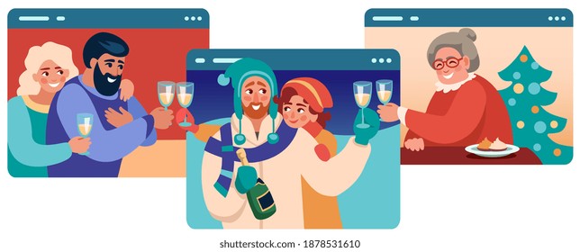 People congratulate family and friends on Christmas and New Year holidays online, clink glasses of champagne