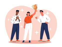 People Congratulate Their Friend. Man And Woman Present Goblet To Young Man. Achievement And Victory, Trophy And Award. Successful Employee, Winner In Competitions. Cartoon Flat Vector Illustration