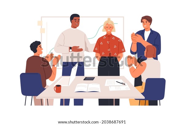 People congratulating colleague with business
achievements. Boss praise best employee, team applaude at office
meeting. Professional recognition concept. Flat vector illustration
isolated on white