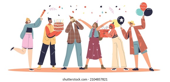 People congratulating man with birthday or anniversary event. Happy joyful group of friends with air balloons, confetti, cake and gifts. Celebration party concept. Cartoon flat vector illustration