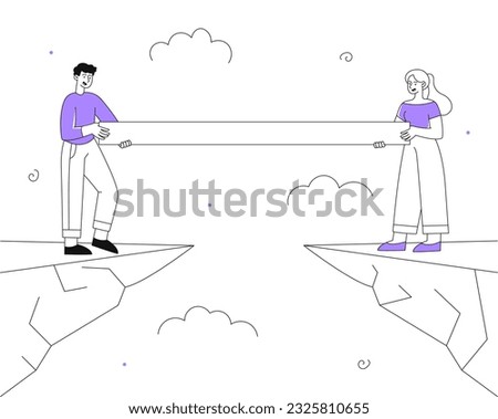 People connect bridge line concept. Man and woman on edge of cliff. Teamwork, collaboration and cooperation. Partners and colleagues, team in office. Linear flat vector illustration