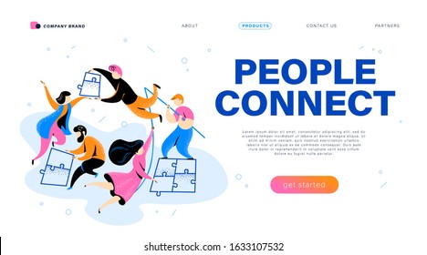 People connect concept. Landing page design template, webpage, ui, mobile app. People put puzzle pieces together. Togetherness, internet community metaphor. Vector flat illustration.