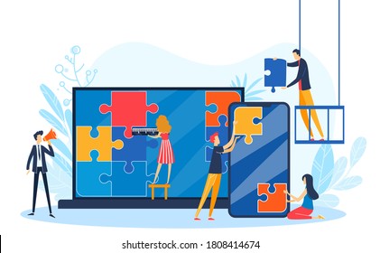 People connect design puzzle vector illustration. Cartoon flat man woman designer developer characters team connecting puzzle jigsaw pieces, teamwork for development UX UI interface isolated on white