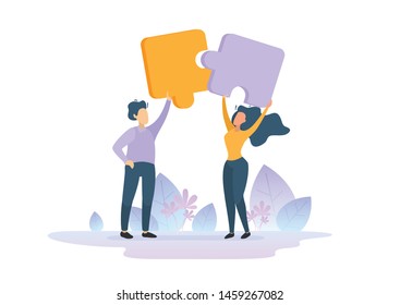 People connect the elements of the puzzle. Strong team. Team business. Vector graphics