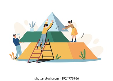 People connect the elements of the pyramid puzzle