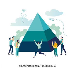 people connect the elements of the pyramid, vector illustration flat design style, symbol of teamwork, cooperation, partnership, advancement, pyramid puzzle