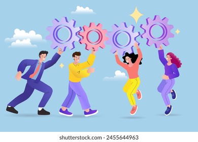 People connect gear cogwheels together. Teamwork of people in the business team. Happy workers or support staff people fix mechanism with gears. community or meeting agreement. Flat vector.