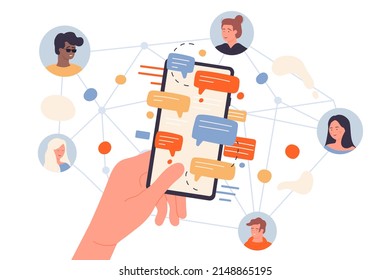 People connect to global network for online communication with friends. Cartoon diverse team of customers using social media chat service, person holding phone with sms flat vector illustration